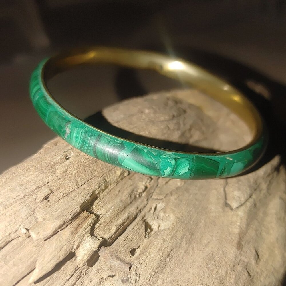 Vintage Malachite Brass Bangle Bracelet Striking Green Veins Shows Inclusions